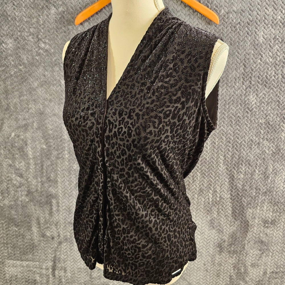 Calvin Klein Women Black Leopard Print Sleeveless V Neck‎ Beaded Top M